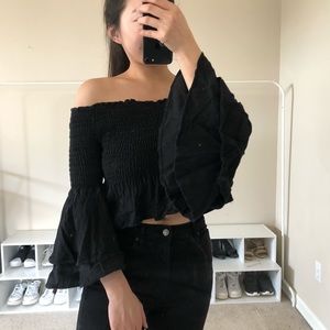 Black bell sleeve ruffle top